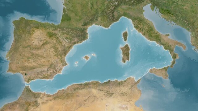 Mediterranean Sea Western Basin, Including Sub Basins - Highlighted Geographic Boundaries on Natural Color Map