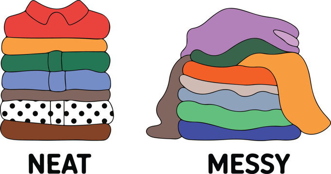 Vector illustration comparing neat folded clothes versus a messy pile of laundry for organization housework and decluttering concepts.