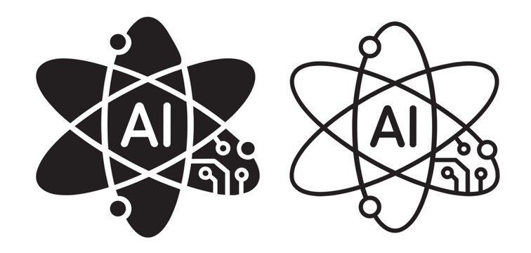 artificial intelligence atom line icons set, orbital structure with neural circuit, technology vector outline collection on transparent background