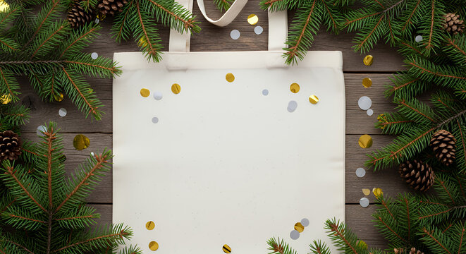 Blank canvas tote bag surrounded by pine branches and confetti tote bag mockup mockup fabric bag tote blank canvas cloth design eco fashion cotton shopping empty background