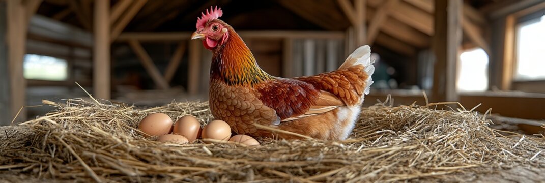 Brown Hen Sitting Comfortably in Nest with Eggs in a Rustic Farm Barn Setting, Country Life