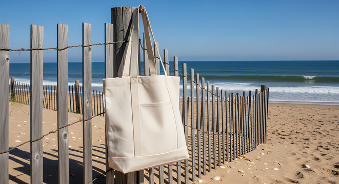 A canvas tote bag hanging on a wooden fence by the beach tote bag mockup mockup fabric bag tote blank canvas cloth design eco fashion cotton shopping empty background