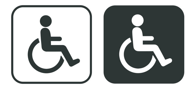 wheelchair accessibility icon set, disabled person pictogram in rounded square panels, black and white vector symbols for inclusive facilities on transparent background