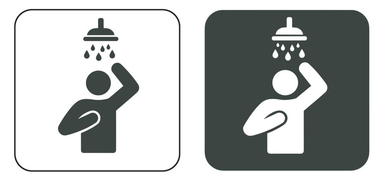 shower icon set, person under water droplets pictogram in rounded square panels, black and white vector bathroom symbols on transparent background