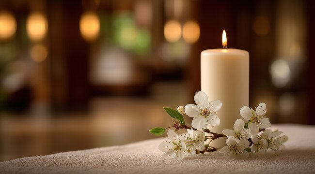 Aromatic spa candle with delicate white flowers for spring beauty treatment and skincare branding