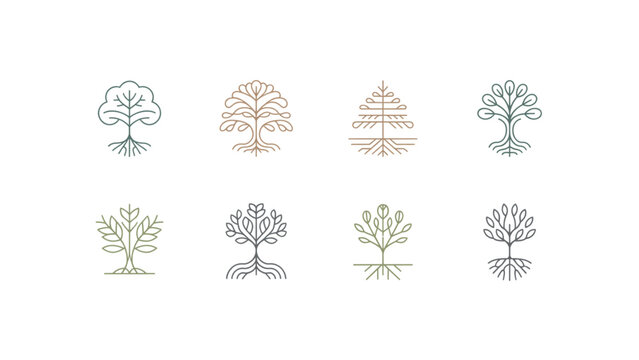 Vintage-style icons depicting various types of trees and plants Vector