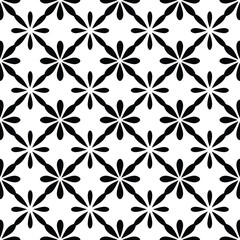 Fototapeta premium Black floral geometric pattern with blooming flower petals connected by diagonal lines in classic monochrome style for graphics.