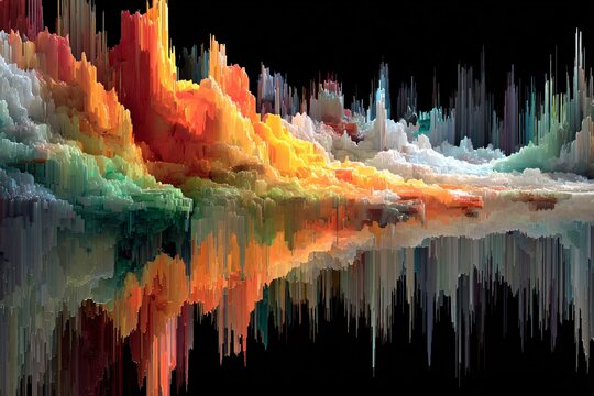 Vibrant pixel-sorted digital landscape featuring a dynamic array of colorful abstract forms against a dark background, showcasing algorithmic beauty.
