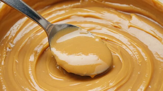 Slow motion of creamy peanut butter being stirred with spoon showing smooth texture and rich food consistency close up