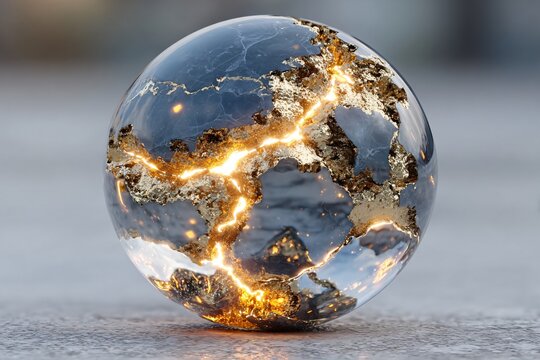 A stunning abstract 3D render of a cracked dark sphere mended with glowing golden light, showcasing beauty in imperfection.