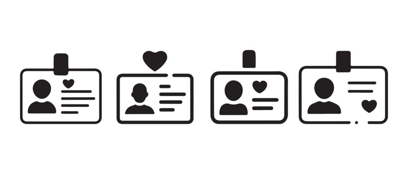 Social Media Profile and Dating App User ID Cards Icons Set. with Heart Symbols, Minimalist Flat Design on White Background.