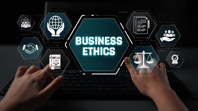 Business Ethics Concept with Digital Icons Representing Responsibility, Integrity, and Professionalism in Modern Corporate Environment Sigmoid