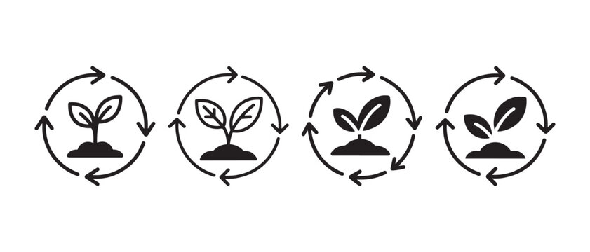 Plant Growth Cycle Icons. Seedling Sprouting in Circular Arrows Representing Sustainability and Renewal.