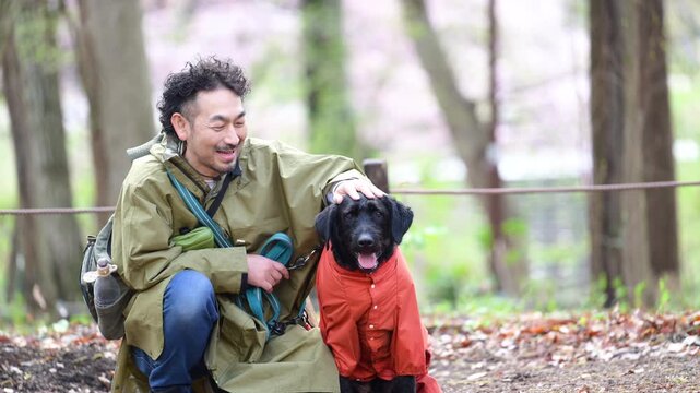 レインコートを着る犬と飼い主　雨の中で犬と散歩する男性の癒しと自然を感じる日常シーン　春の散歩シーンカメラ目線の動画スローモーション