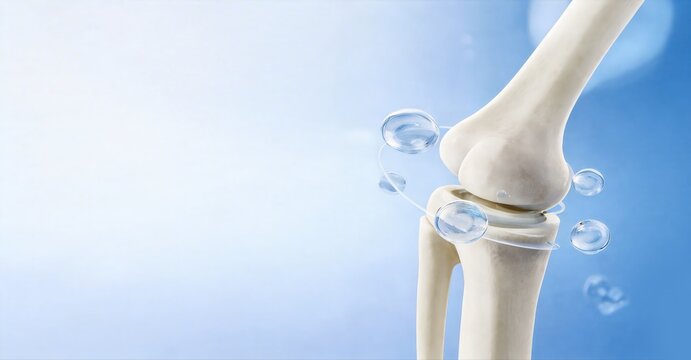3D medical illustration of a human knee joint with protective fluid molecules, ideal for orthopedic presentations, joint health campaigns, sports medicine content.