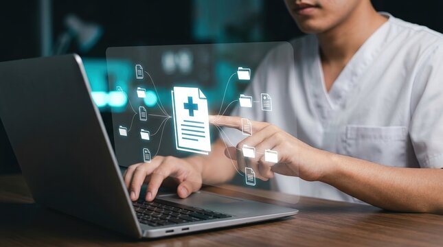patient records, digital healthcare, electronic health records, medical data, healthcare technology, telemedicine, data management systems used by a medical professional on a laptop.