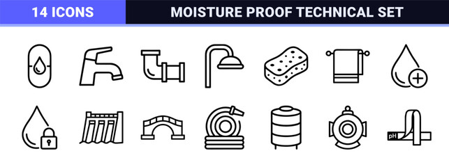 Naklejka premium Waterproof Technology and Moisture Protection Symbols: Ultra-Minimalist Monoline Geometric Line Art for Commercial Product Packaging Design.