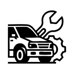 Logo taller mecánico. Dibujo con líneas de un vehículo de lujo con un engranaje y una llave ajustable  © teracreonte