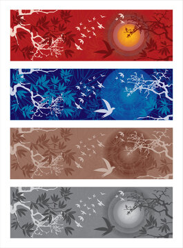 4 Paysages Asiatiques Soleil Couchant Illustrations avec Arbres et Oiseaux - Vecteur
