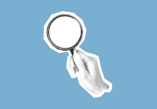Creative collage of a hand holding a magnifying glass next to a search bar for SEO and digital marketing concepts.