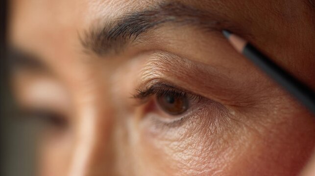 Close-up of a person's eye. the person is holding a pencil in their right hand and is applying a winged eyeliner to their eyelid.