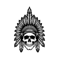 Logo calavera con tocado de guerra de jefe indio americano. Icono con tocado tradicional de plumas de guerrero indio muerto, de frente  © teracreonte
