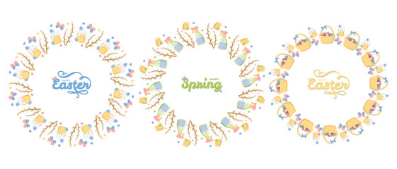 Three circular wreath designs with festive motifs Easter cakes, baskets, pussy willow branches, hearts, butterflies, gardening tools, gloves, and seed packets surrounding Happy Easter and Happy Spring © Lipitorika