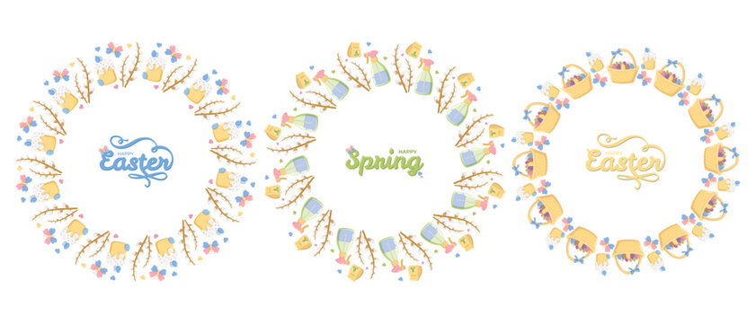 Three circular wreath designs with festive motifs Easter cakes, baskets, pussy willow branches, hearts, butterflies, gardening tools, gloves, and seed packets surrounding Happy Easter and Happy Spring