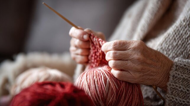 Elderly person's hands holding a ball of red yarn and knitting with a wooden knitting needle. the person is wearing a gray sweater and appears to be in the process of knitting.