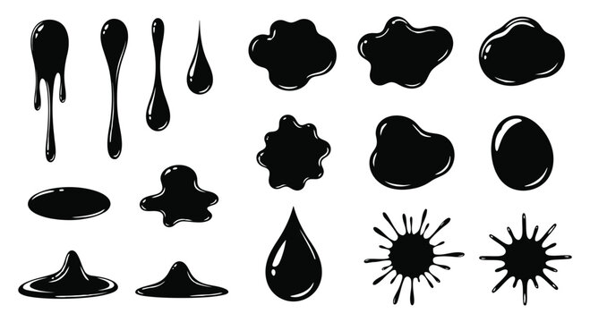 Set of black liquid drops, spills, puddles, and ink splatters vector illustration.