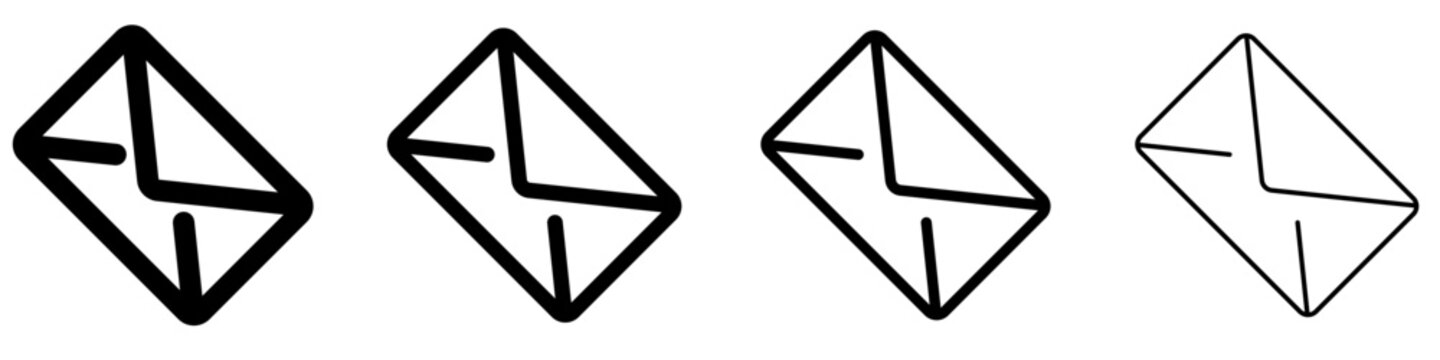 Set of angled envelope icons. Four versions of mail envelope graphic representations with different outline thicknesses, in black on a white background. Vector illustration.