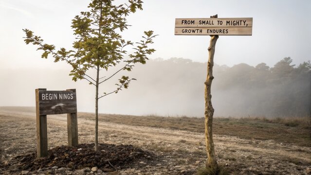Wooden Sign Inspiring Growth Amidst Misty Landscape