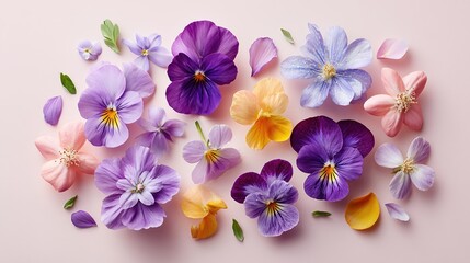 Obraz premium Top view flat lay of colorful edible flowers and petals on soft pink background, spring botanical pattern