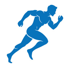 Fototapeta premium Blue silhouette of a muscular man running quickly to the right athletic male figure in motion