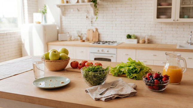 Abundant healthy ingredients for a fresh meal on a bright kitchen counter, promoting a nutritious diet.