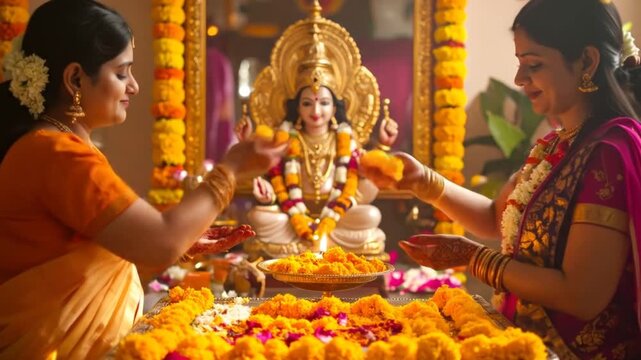 Two Indian women in traditional attire performing a ritual with a deity statue.