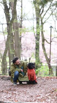 レインコートを着る大型犬と飼い主　雨の中で犬と散歩する男性の癒しと自然を感じる日常シーン　春の散歩シーンカメラ目線の縦動画