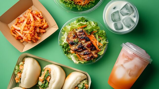 Assorted asian fusion takeout meal set featuring grilled chicken salad steamed bao buns kimchi and refreshing iced drinks arranged on a vibrant solid green background