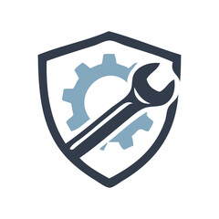 Logotipo configuración. Dibujo con líneas de una llave inglesa con un engranaje en el interior de un escudo  © teracreonte