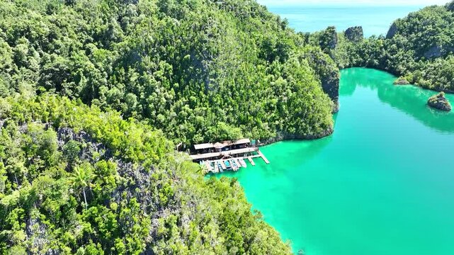 Aerial view of landscape scene with Raja Ampat Islands, Indonesian archipelago, West Papua, Indonesia