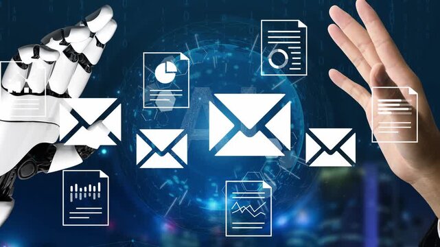 Futuristic Concept of Artificial Intelligence Managing Digital Communication and Data Analysis Through Robotic Hands and Virtual Interfaces Gluon.