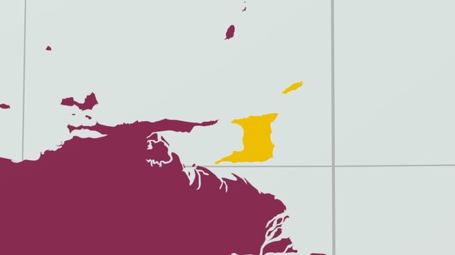 Trinidad and Tobago map. Animated zoom into the country on the Globe in Pale Mint Dark Pink color palette. Country logo animation with round text and airplanes. Map with meridians, parallels.