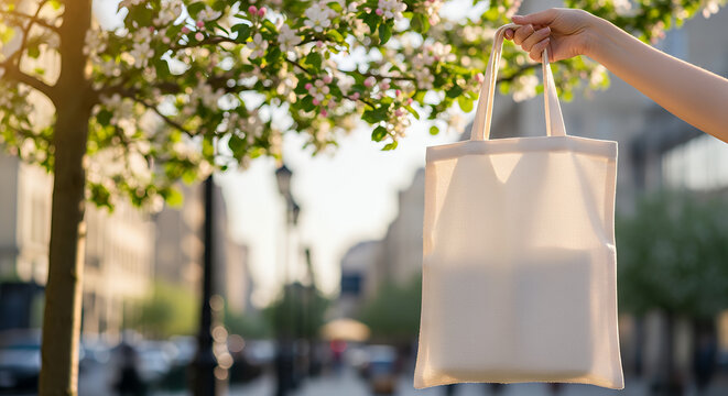 Woman hand holding eco bag female hold white canvas textille mesh zero waste shopper on city street green apple tree flowers background blank mock up tote bag place for text design logo tote bag mocku