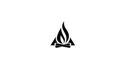 Fototapeta premium Stylized campfire icon with flame and logs in a modern geometric triangular shape. Minimal black and white design for outdoor adventure.