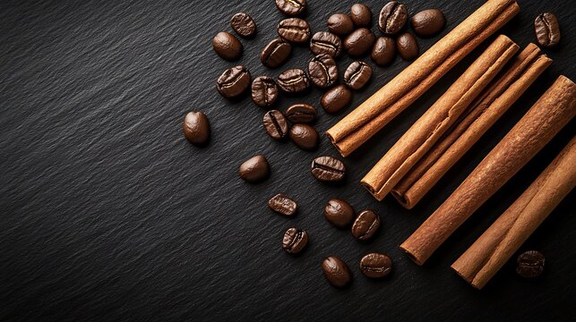 Aromatic cinnamon sticks and roasted coffee beans arranged elegantly on a dark textured slate background for culinary concept and gourmet coffee house branding