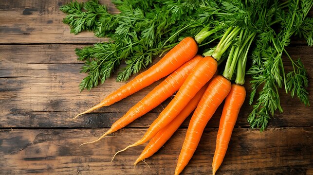 Fresh raw carrots with vibrant green tops arranged on a rustic dark wooden table surface providing a natural organic food background for healthy cooking concepts