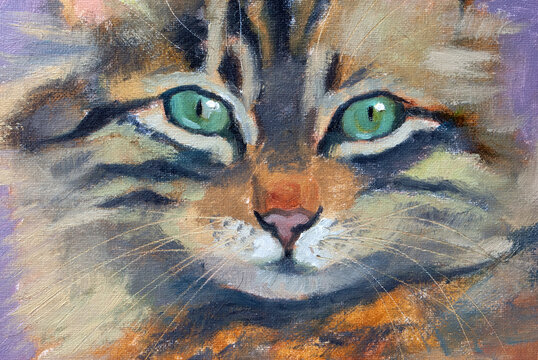 Beautiful oil painting of a Tabby cat on violet background