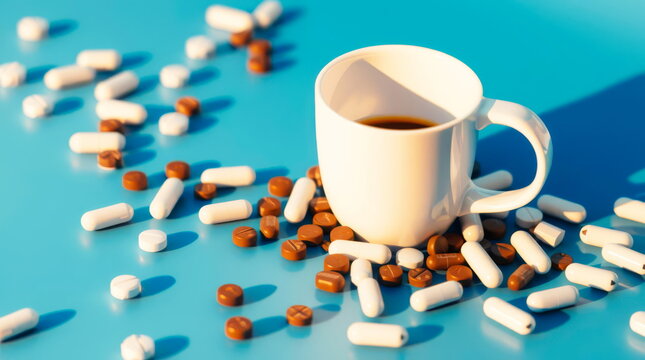 On a turquoise background, there is a white cup of coffee and caffeine tablets nearby.