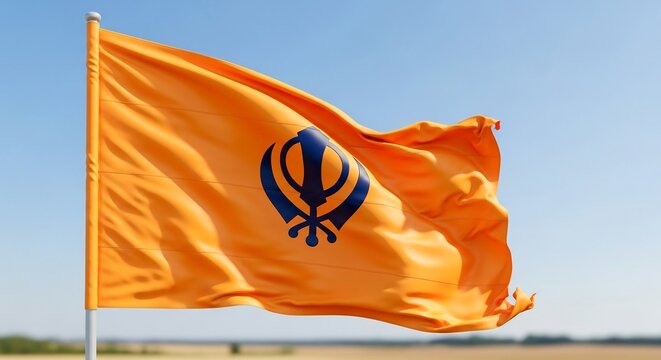 Sikh Flag Nishan Sahib Waving in Blue Sky