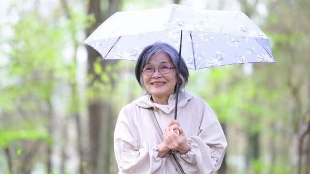 Video of an elderly woman taking a leisurely stroll with an umbrella, portraying a calm and healthy active senior; imagery of the rainy season, rain, and parasols